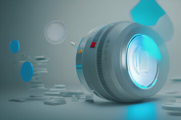close-up illustration of digital device with blurred out background and new technology data network overlay, generative ai