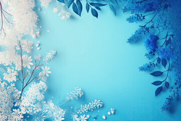 Fototapeta na wymiar Spring Summer nature flower plants white blue with empty copy space for text background texture - Spring Summer Blue Wallpapers - Spring Summer blue backdrop created with Generative AI technology