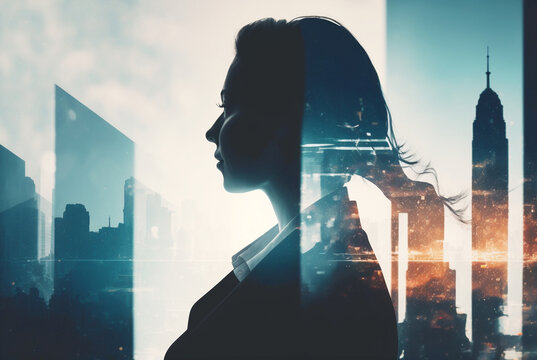 A young woman stands abstractly on a company building and looks at an urban skyline of skyscrapers and architecture. digital composite, fictional place and person. Generative AI