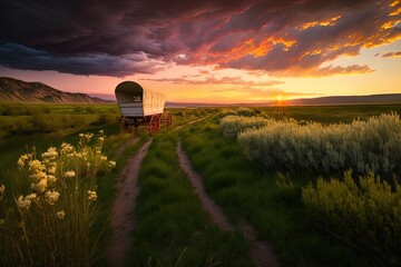 A horse and wagon on a trail in the old West. Cowboy movie. A horse and wagon on a trail in the old West. Sunset scene in cowboy movie. Great for stories of the Wild West, pioneers, vintage America. - obrazy, fototapety, plakaty