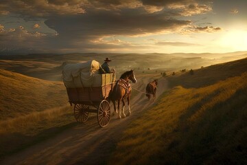 A horse and wagon on a trail in the old West. Cowboy movie. A horse and wagon on a trail in the old West. Sunset scene in cowboy movie. Great for stories of the Wild West, pioneers, vintage America. - obrazy, fototapety, plakaty