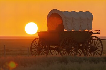Fototapeta premium A horse and wagon on a trail in the old West. Cowboy movie. A horse and wagon on a trail in the old West. Sunset scene in cowboy movie. Great for stories of the Wild West, pioneers, vintage America.