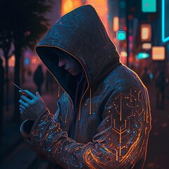 Boy in hoodie using smartphone, Generative AI