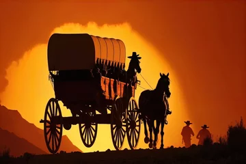 Plexiglas foto achterwand A horse and wagon on a trail in the old West. Cowboy movie. A horse and wagon on a trail in the old West. Sunset scene in cowboy movie. Great for stories of the Wild West, pioneers, vintage America. © AI Movie