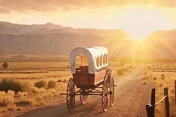 A horse and wagon on a trail in the old West. Sunset scene in cowboy movie. Great for stories of the Wild West, pioneers, vintage America and more.