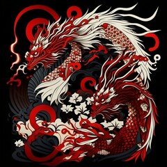 Red oriental dragon print, Generative AI