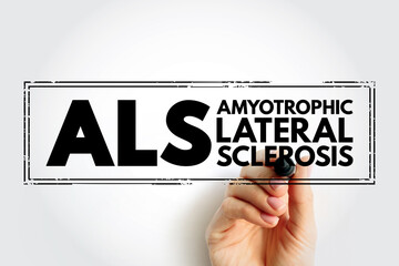 ALS Amyotrophic Lateral Sclerosis - progressive nervous system disease that affects nerve cells in the brain and spinal cord, acronym text stamp concept background