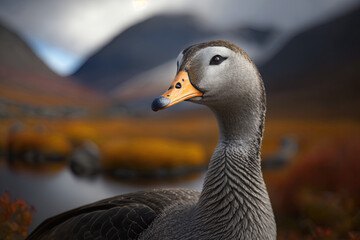  bokeh photo of a Graylag goose in a norwegian mountainous, generative artificial intelligence