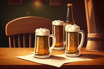 Beer mugs sitting on a table. Generative AI