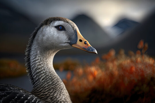  bokeh photo of a Graylag goose in a norwegian mountainous, generative artificial intelligence