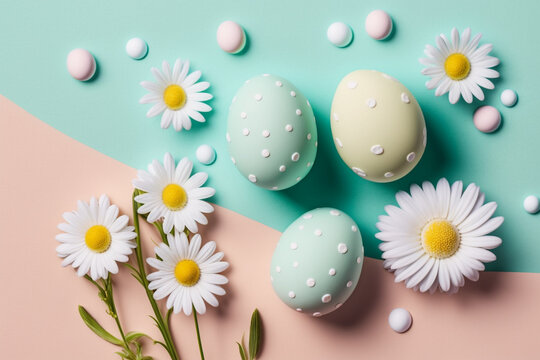 Easter background with eggs and daisies, Generative AI