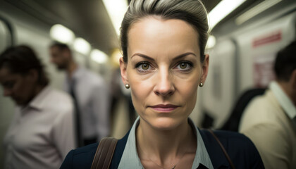 portrait business serious caucasian woman in the subway. looking at the camera.  generative AI