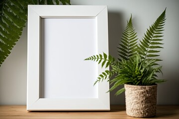 A potted fern and white photo frame with copy space are on a wooden shelf. Generative AI