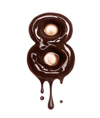 Number 8 with dripping drops is made of melted chocolate