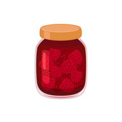 Raspberry jam in glass jar. Vector flat icon of organic sweets. Healthy food illustration.