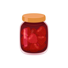 Strawberry jam in glass jar. Vector flat icon of organic sweets. Healthy food illustration.
