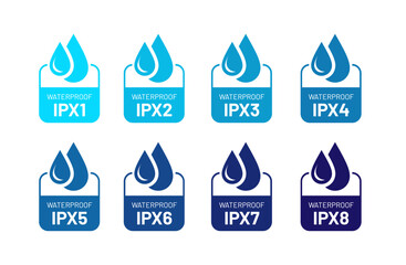 Waterproof ipx label set. Vector badge with drop of water symbol illustration. Rainproof standard material protection.