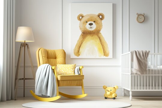 Teddy bear, rug, and yellow blanket on white wooden rocker in large infant nursery. Generative AI