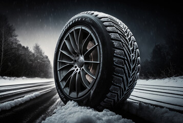 a winter tire with snow in the cold in typical winter weather. Generative AI - obrazy, fototapety, plakaty