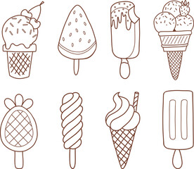 Hand drawn set of ice cream doodle. Sweet desserts in sketch style. 