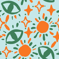 Abstract seamless pattern with circle, dots, star, eye and spots decorative elements. Hand drawn background in boho style for textile print, fabric design, wallpaper and digital paper, wrapping.