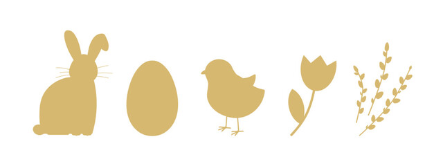 set of golden easter icons: bunny, egg, baby chicken, tulip flower and willow catkins- vector illustration - obrazy, fototapety, plakaty