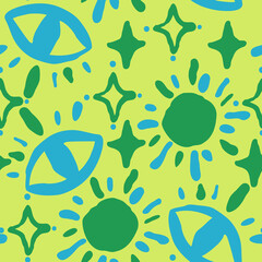 Abstract seamless pattern with circle, dots, star, eye and spots decorative elements. Hand drawn background in boho style for textile print, fabric design, wallpaper and digital paper, wrapping.