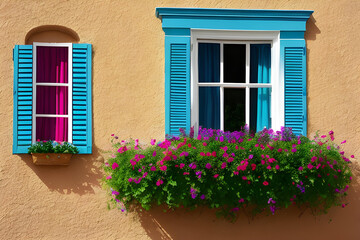 Fototapeta na wymiar Un close-up de un par de ventanas coloridas con flores (generadas por a.i.)