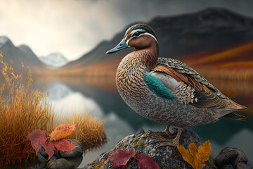 photo of a Eurasian green winged teal, generative artificial intelligence - obrazy, fototapety, plakaty