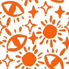 Abstract seamless pattern with circle, dots, star, eye and spots decorative elements. Hand drawn background in boho style for textile print, fabric design, wallpaper and digital paper, wrapping.