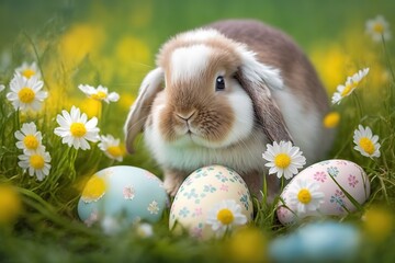 Adorable Bunny With Easter Eggs In Flowery Meadow stock photo Easter, Backgrounds, Easter Egg, Rabbit - Animal, April