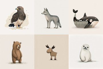 A set of six cute animals; mammal, aquatic mammal, birds from the area of Alaska, USA in watercolor, illustration made with Generative AI
