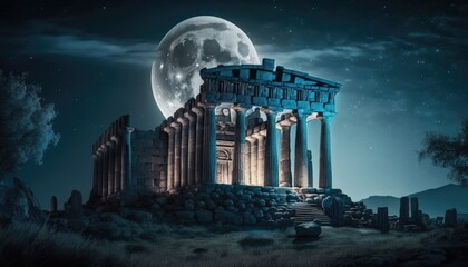 Fototapeta premium Parthenon Temple at Night: A Mystic and Ethereal View, AI Generative