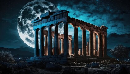 Parthenon Temple in the Full Moon: A Mesmerizing and Spellbinding View, AI Generative