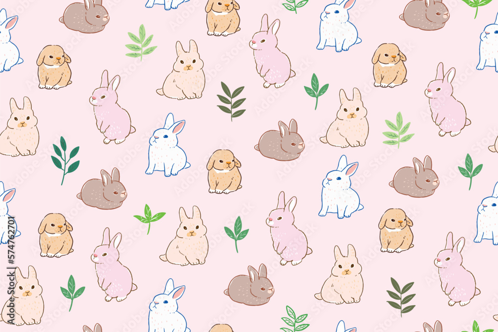 Wall mural seamless pattern with hand drawn rabbit and leaf design on light pink background