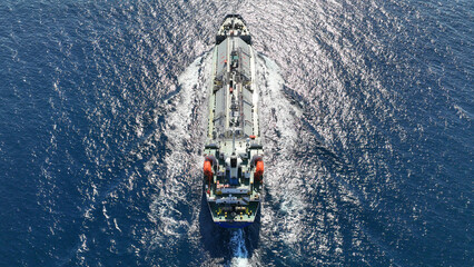 Aerial drone photo of LPG or Liquified Petroleum Gas tanker cruising deep blue Mediterranean sea