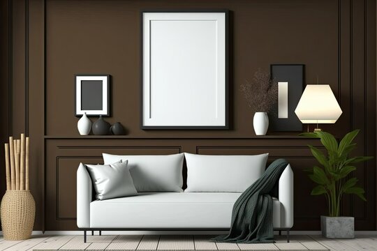 Empty horizontal picture frame on modern living room brown wall. Contemporary interior mockup. Free poster/picture space. Carpet, sofa. Generative AI