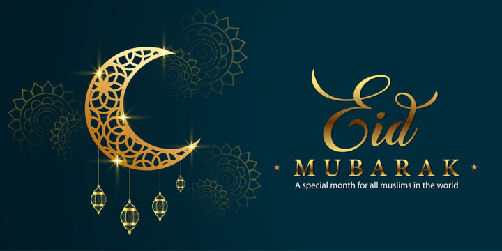 Eid mubarak festival golden banner with candles and moon.