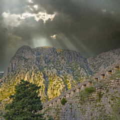 view to the San Giovani Fortress walls above the old adriatic town of Kotor, Montenegro
