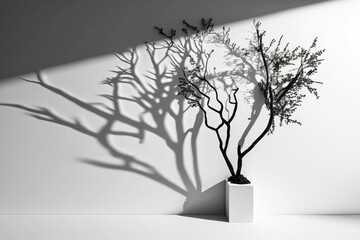 For product display, a minimal, abstract background. Shadow of a tree cast on a white plaster wall, with dry twigs. Each each component has its own clipping path. Generative AI