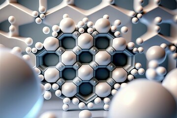 To break down into smaller units, or molecules. Genetic engineering using digital technologies. Lattice structure of a crystal. Molecular synthesis study. Modern pearl pattern in the background