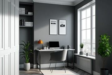 Fototapeta na wymiar Contemporary white-and-gray office. Interior and Mockup. Generative AI