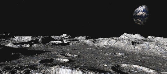 Moon, panorama of the surface of the moon against the background of stars and the Earth, 3d rendering