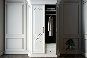 White vintage wardrobe with crown moldings, wooden shelves and drawers, and an open façade door in a light, empty room. Generative AI