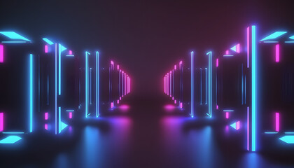 Futuristic Sci-Fi Abstract Blue And Purple Neon Light Shapes On Black Background With Empty Space For Text 3D Rendering Illustration