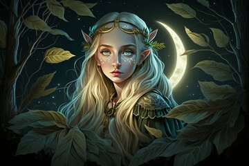Cute elf girl sitting on the tree among leafs. Beautiful moonlight on background. 