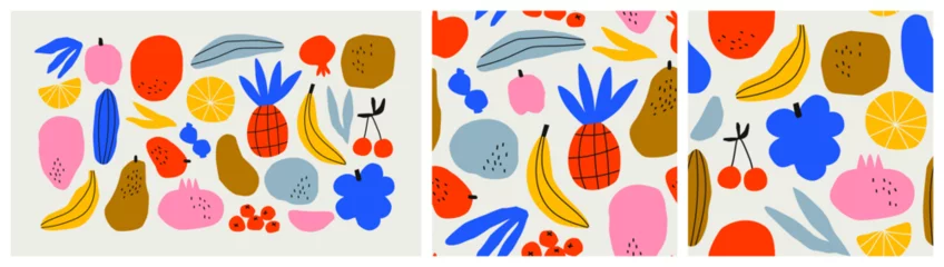 Fotobehang Funny hand drawn fruit food set. Colorful freehand fruits collection. Illustration of pineapple, banana, grape and more tropical summer foods on isolated background. © Dedraw Studio