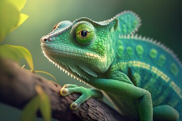 Fototapeta premium Grünes 3D Chamäleon auf einem Ast im Dschungel in freier Natur mit großen Augen. Close-up Nahaufnahme von einem Chamäleon - KI generiert, 
