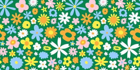 Colorful retro flower bed seamless pattern. Vintage scandinavian art style floral background print. Spring nature wallpaper texture, beautiful cartoon garden backdrop.