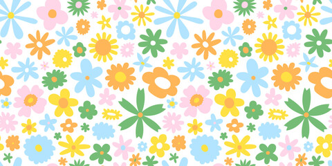 Colorful retro flower bed seamless pattern. Vintage scandinavian art style floral background print. Spring nature wallpaper texture, beautiful cartoon garden backdrop.